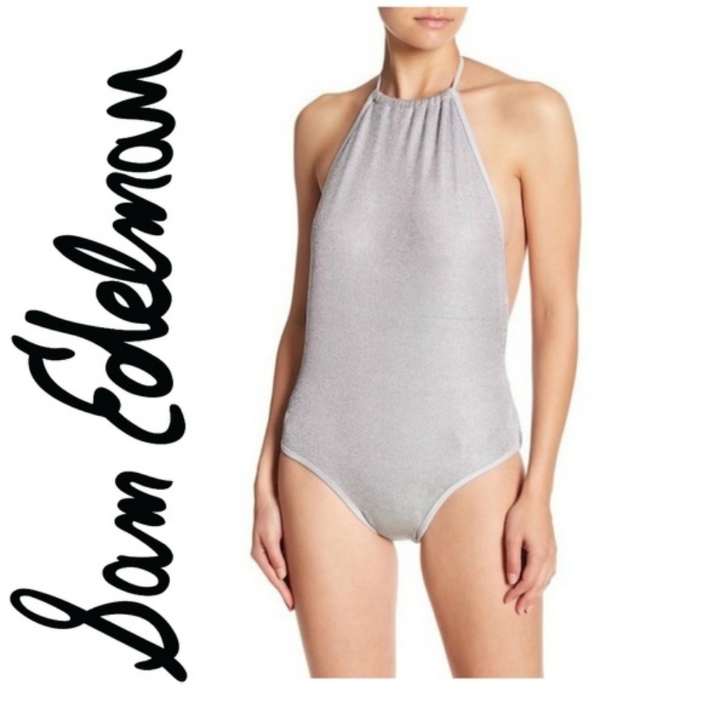 Sam Edelman Metallic Mesh Halter onePiece Swimsuit